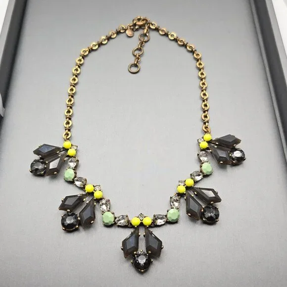 Y2K J Crew Gray Rhinestones & Yellow Accents Statement Necklace 15" Gold Tone - Picture 2 of 8